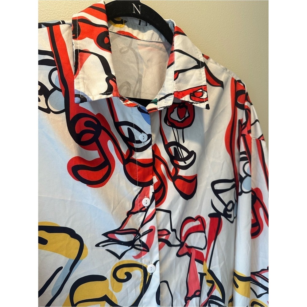 ☀️3/$15☀️Artsy Abstract Colorful SHEIN Button Up Shirt S‎ White Graphic Artsy - Picture 2 of 6